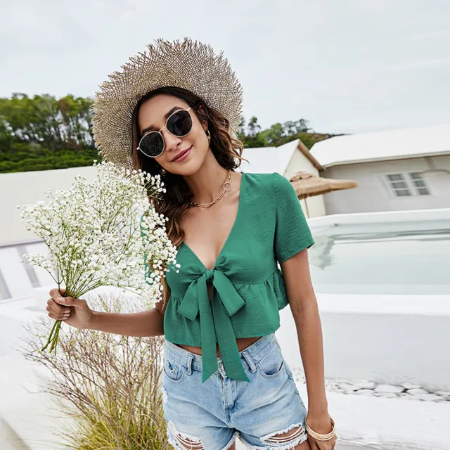 Short Sleeve V Neck Cropped Bow Top Green - Shop at LoveMi