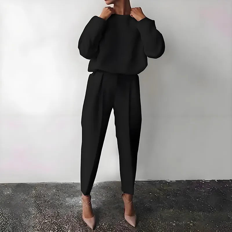 Women's Solid Color 2-Piece Set Round Neck Long Sleeve Top & Pleated Pants Loungewear For Spring & Fall - Black