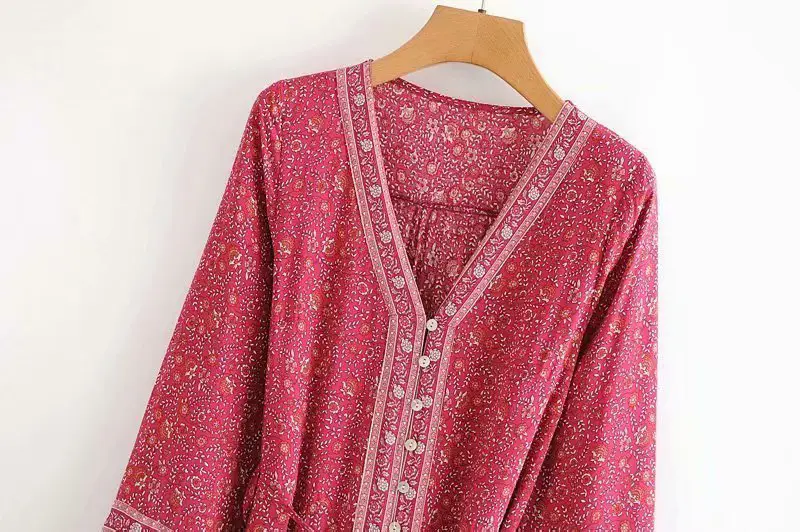 Women's Cotton Printed Long Sleeve Lace Up Dress