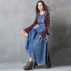 Women's Retro Age Reduction Plus Size Dress - Denim Blue - View 1