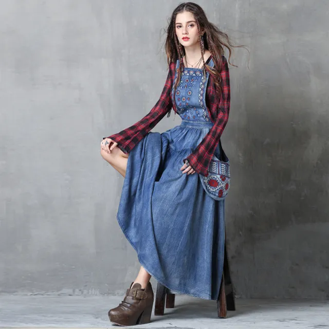 Women's Retro Age Reduction Plus Size Dress Denim Blue - Shop at LoveMi