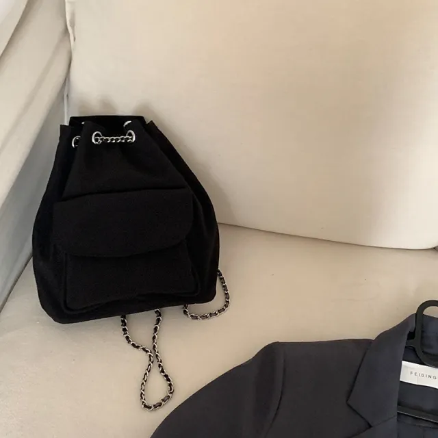 Casual Silk Black Chain Bucket Bag Drawstring Drawstring Large Capacity Commuter Backpack Black - Shop at LoveMi