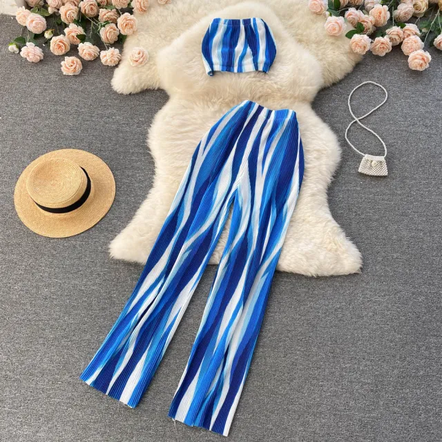 Women's Short Tube Top High Waist Trousers Suit White Blue - Shop at LoveMi