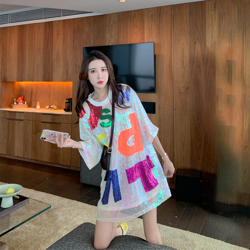 Letter Sequin Loose Short Sleeve T-Shirt Women's Sequin Top