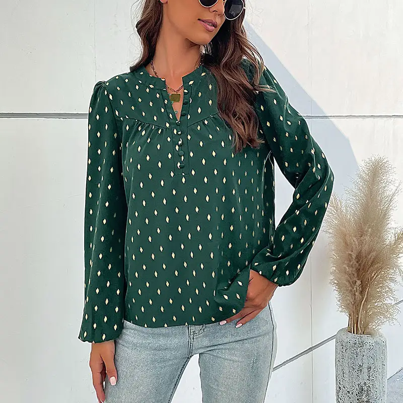 European And American Fashion Women's Wear Spring New Bronzing Green Long-sleeved Top For Women