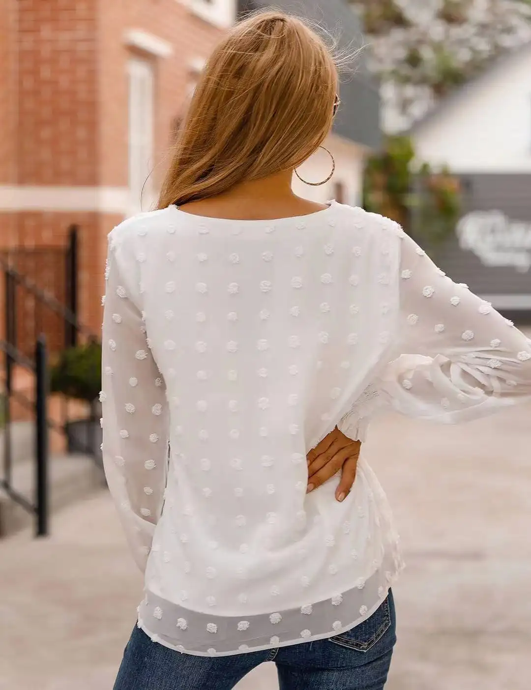 Round Neck Jacquard Chiffon Shirt Loose Shirt