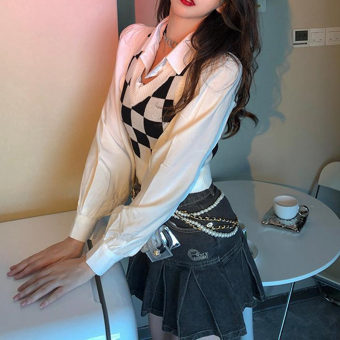 American Retro Black And White Checkerboard Knitted Sweater Niche