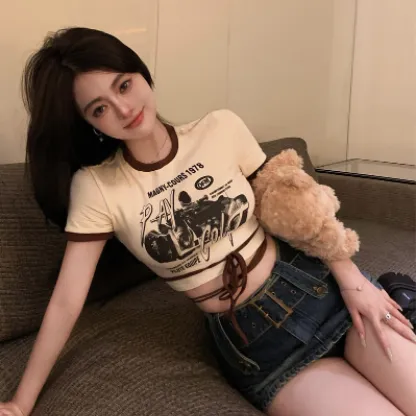 Retro Strappy Short Sleeve T Shirt Women Summer Khaki - Shop at LoveMi