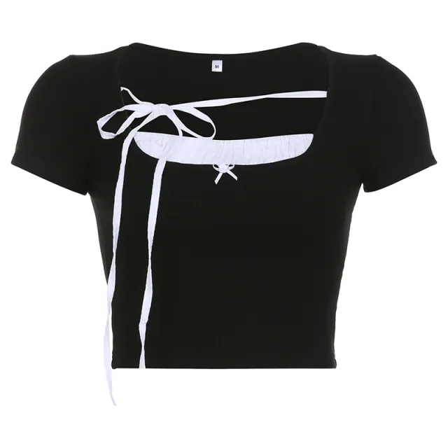 Contrast Stitching Pleated Short Sleeves Black - Shop at LoveMi