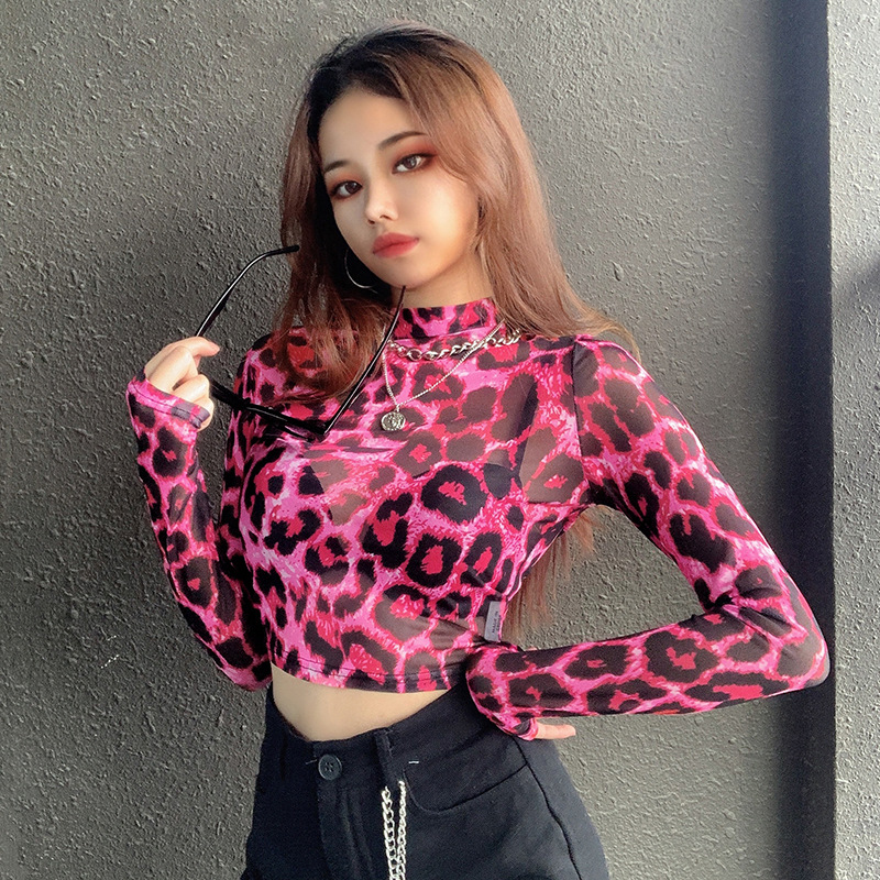 Sexy Leopard Print See-through Mesh T-shirt Women's Half High Neck Feminine Crop Top