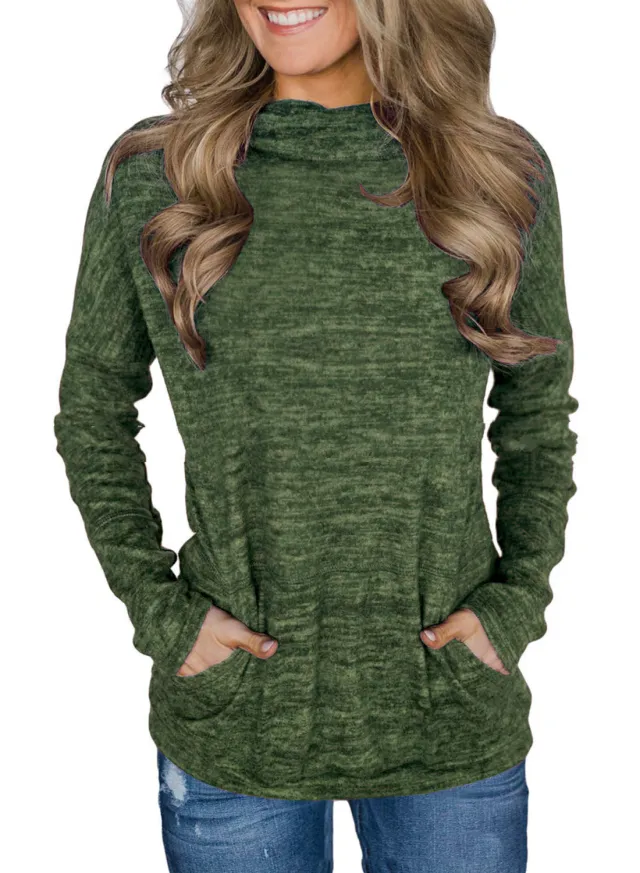 High Neck Long Sleeve Collage Pocket Blouse Women's Sweater Army Green - Shop at LoveMi