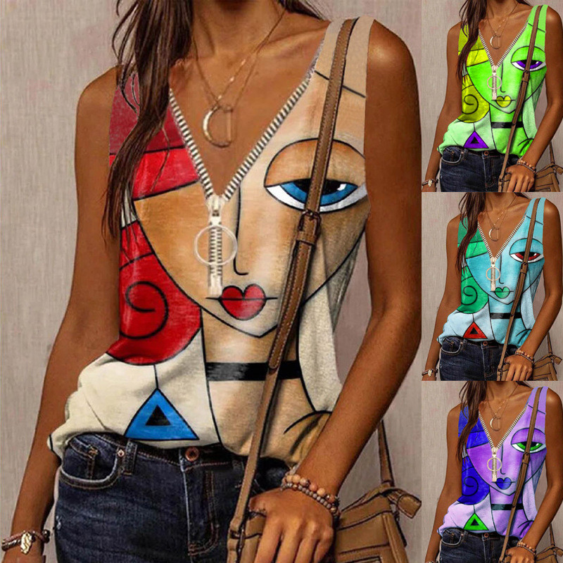 Summer Women's Cartoon Face Casual Vest Zipper Printing Sleeveless T-Shirt