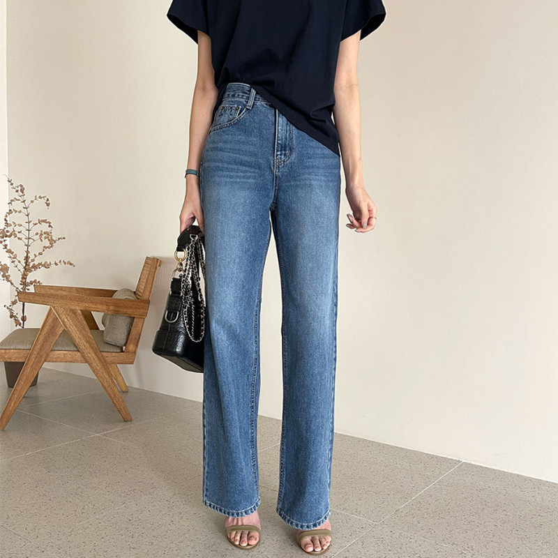 Korean Style Commuter All-match Rolled-up Casual Jeans High Waist Slim Straight Leg Pants Women
