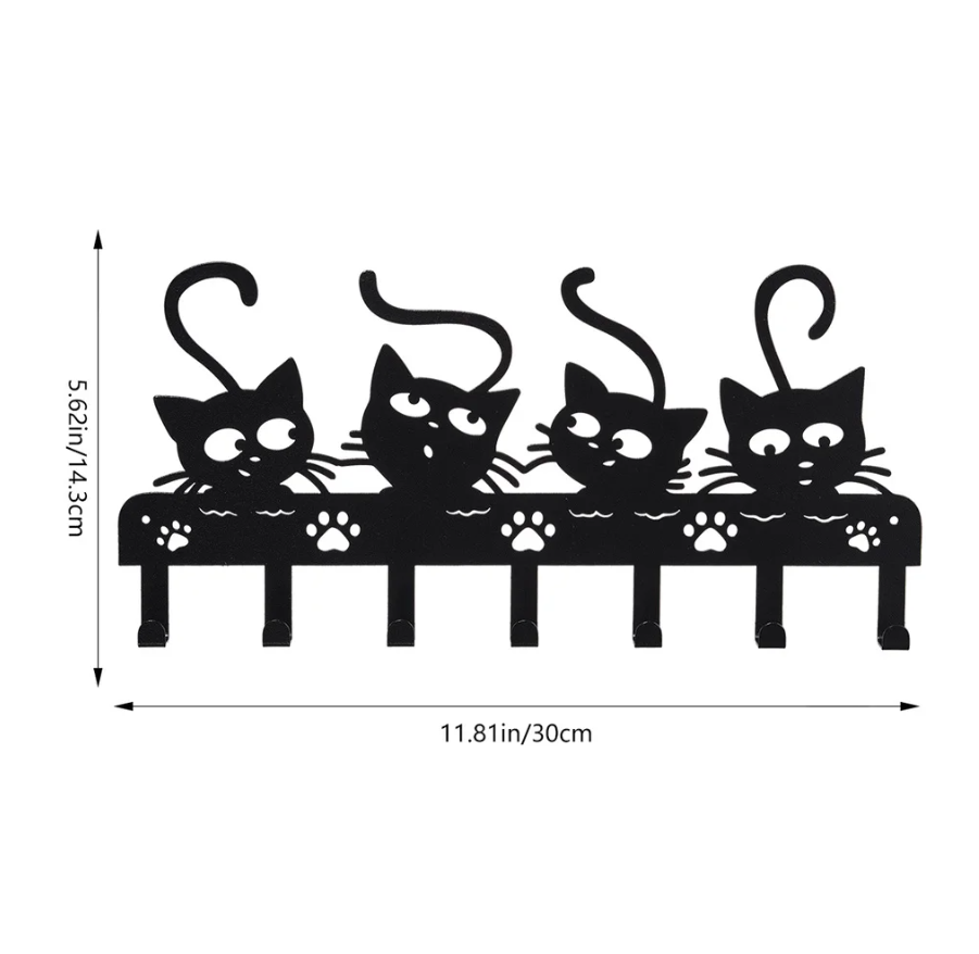 1pc Black Cats Wall Hooks Key Holder W 7 Hooks - Black Iron Wall-Mounted Rack_voghion.com