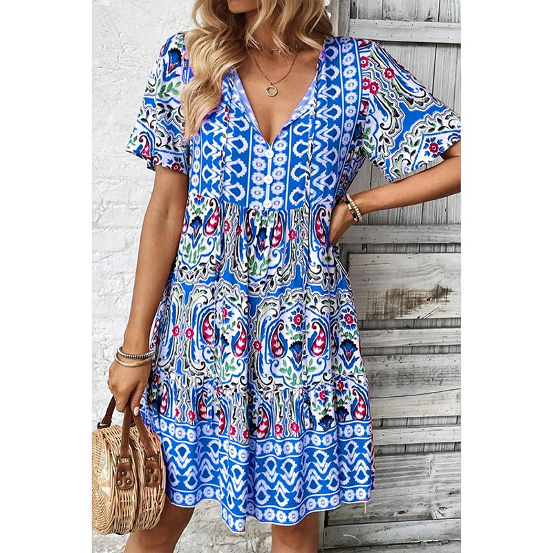 Women Casual Summer Dress Boho Drawstring V Neck Short Sleeve Floral Print Flowy Beach Dress Blue - Shop at LoveMi