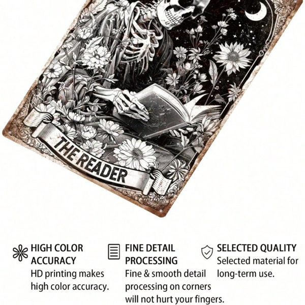 CIFbuy Vintage Retro Skeleton Reading Books Metal Tin Sign, Funny Floral Moon Pattern Rectangular Wall Art, Rectangular Wall Art, Waterproof Rustproof Unfram image 8