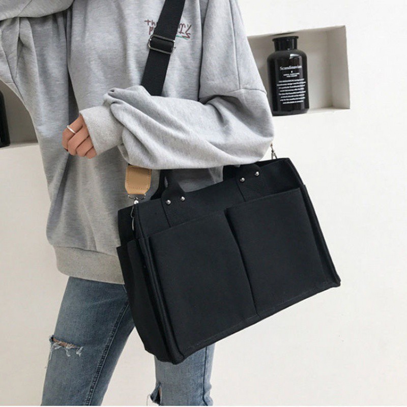 Solid Color Large-capacity Messenger Canvas Bag