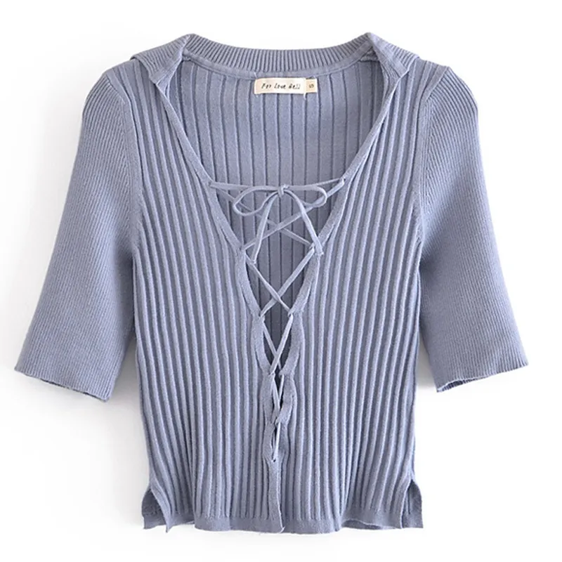 Lapel Slim Cross Drawstring Strap Pure Color All-match Half Sleeve Knit Top Dark Purple Cardigan - Purple