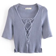 Lapel Slim Cross Drawstring Strap Pure Color All-match Half Sleeve Knit Top Dark Purple Cardigan - Purple - View 1