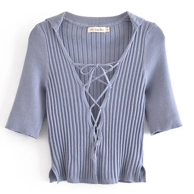 Lapel Slim Cross Drawstring Strap Pure Color All match Half Sleeve Knit Top Dark Purple Cardigan Purple - Shop at LoveMi