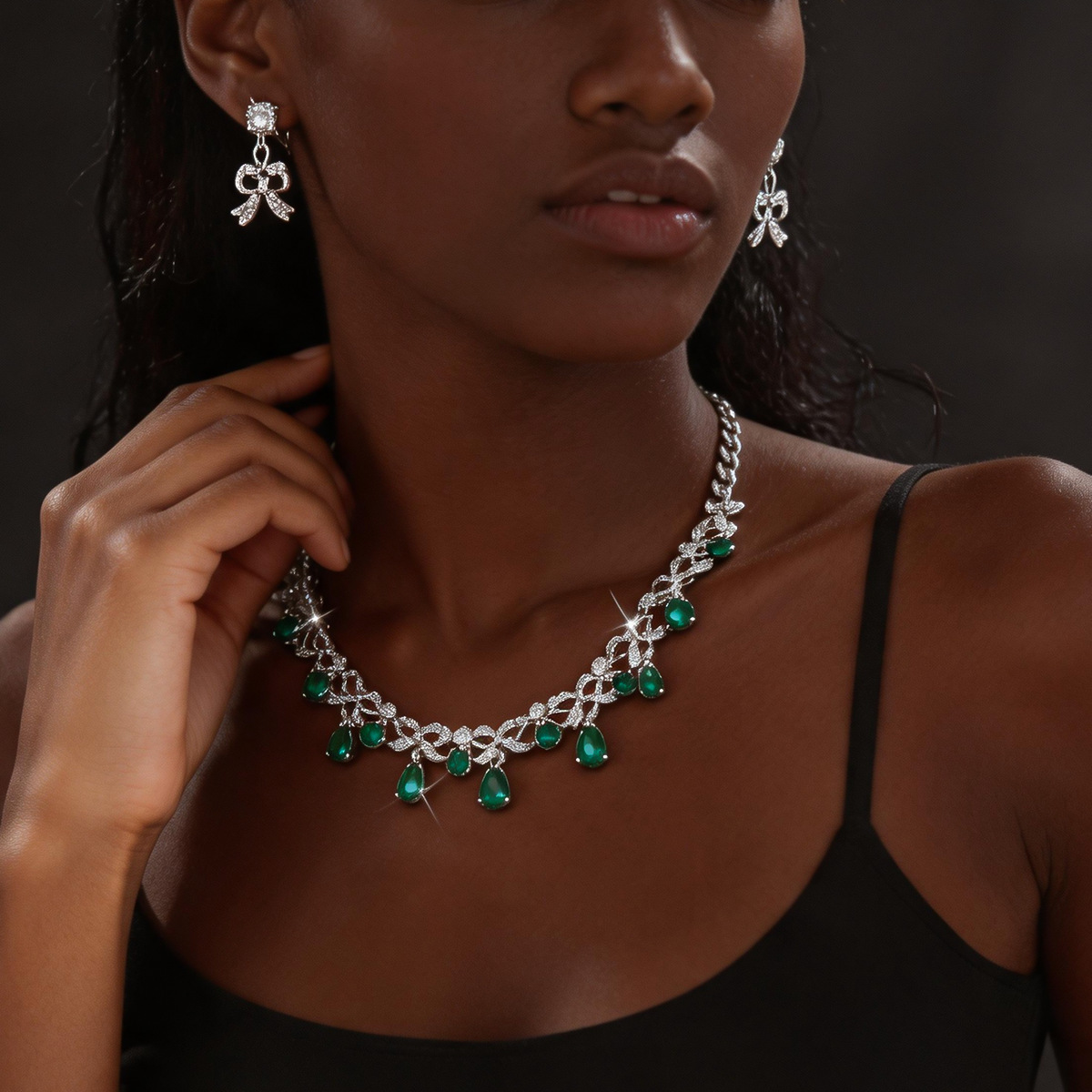 Luxury Colored Gem Teardrop Necklace And Earring Set, Elegant Vintage Royal Court Clavicle Chain, Shimmering Jewelry Accessories For Evening Banquet