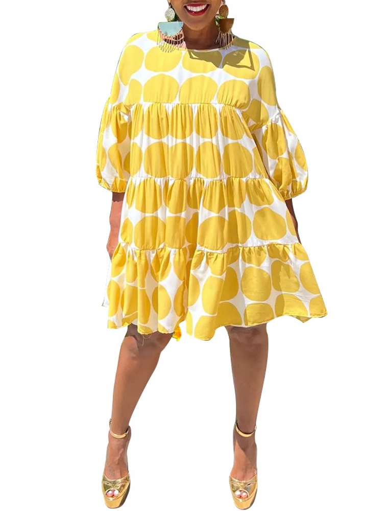 Polka Dot Loose Crew Neck Mid Sleeve Pleated Dress