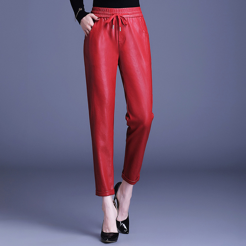 PU Leather High Waist Harem Pants With Small Feet Casual Fashion Elastic Red - Shop at LoveMi