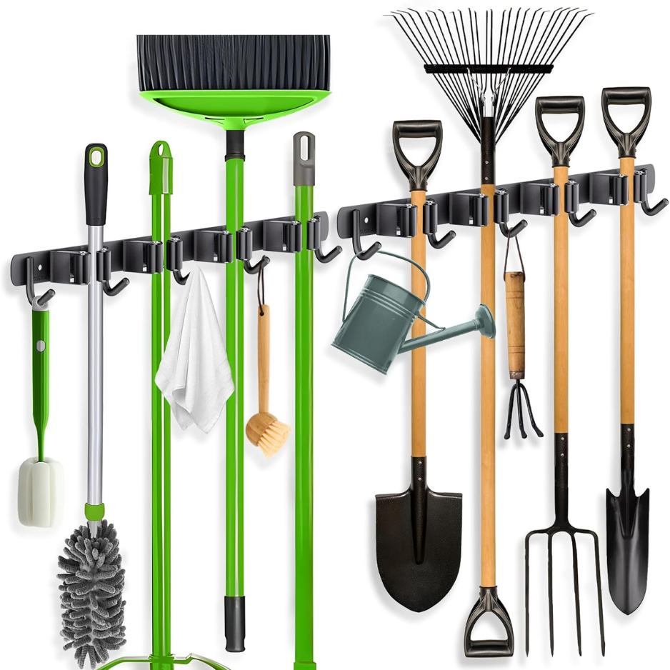 2 Pack Mop Broom Holder Wall Mount 4 Racks 5 Hooks Storage Black