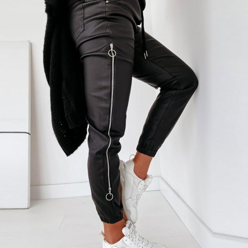 Title 2, Dames casual leren broek met losse ritsen. Comb...