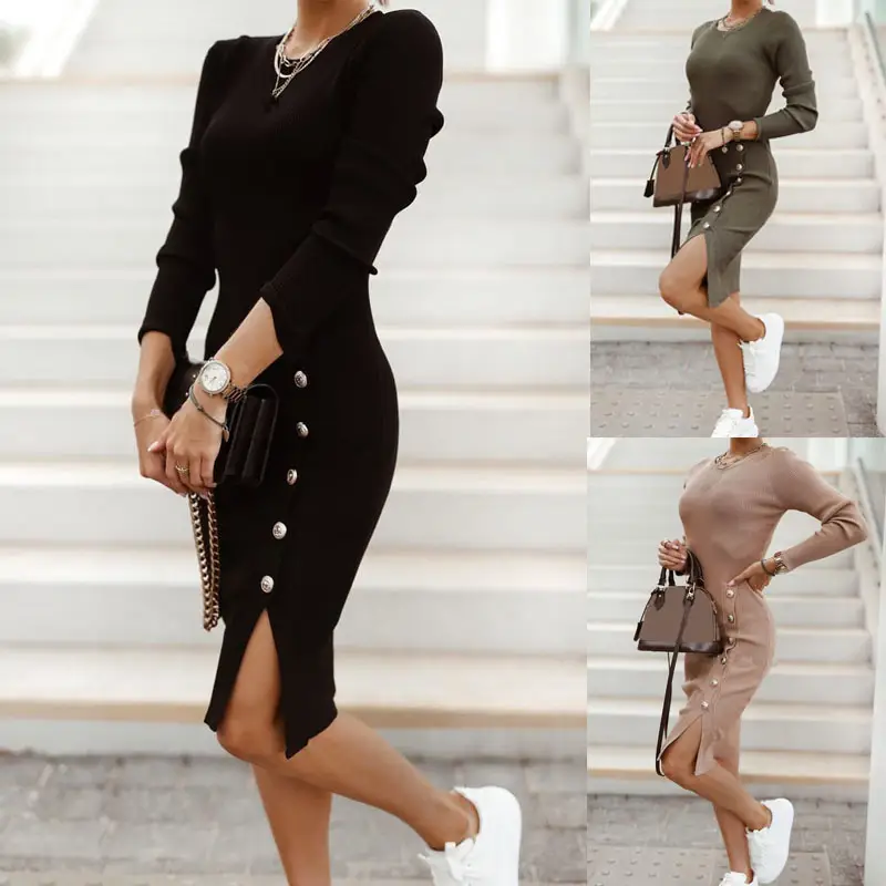 Ladies' Temperament Split Button Knit Skirt