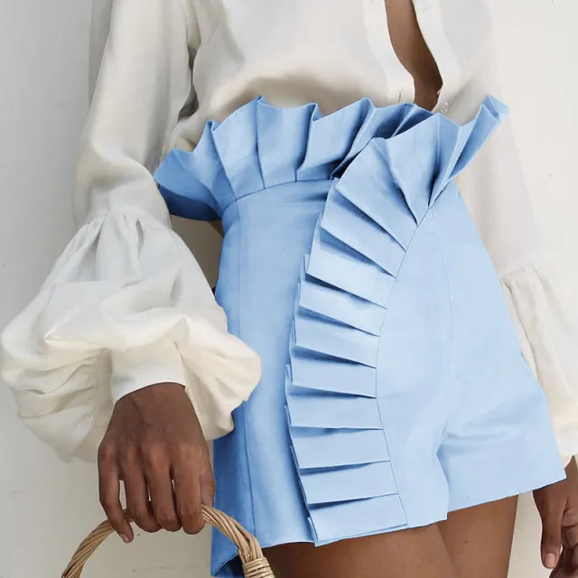 Women's Fashion Casual Pleated Lace High waisted Shorts Sky Blue - Shop at LoveMi