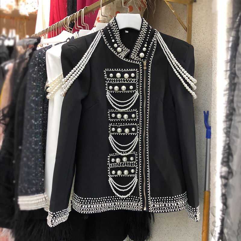 Temperament Court Style Slim Slimming Suit Female Pearl Handmade Beading Retro Jacket