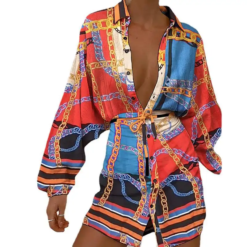 Printed Long Sleeve Sexy Cardigan Single-Breasted Lace-Up Dress