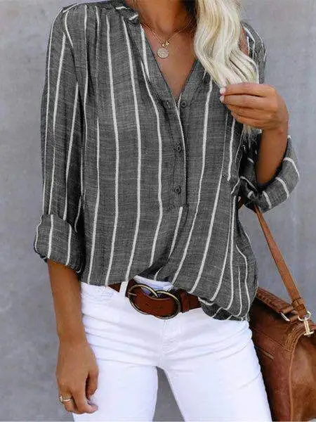 Simple And Fashionable Printed Striped Shirt For Women Grey - Shop at LoveMi