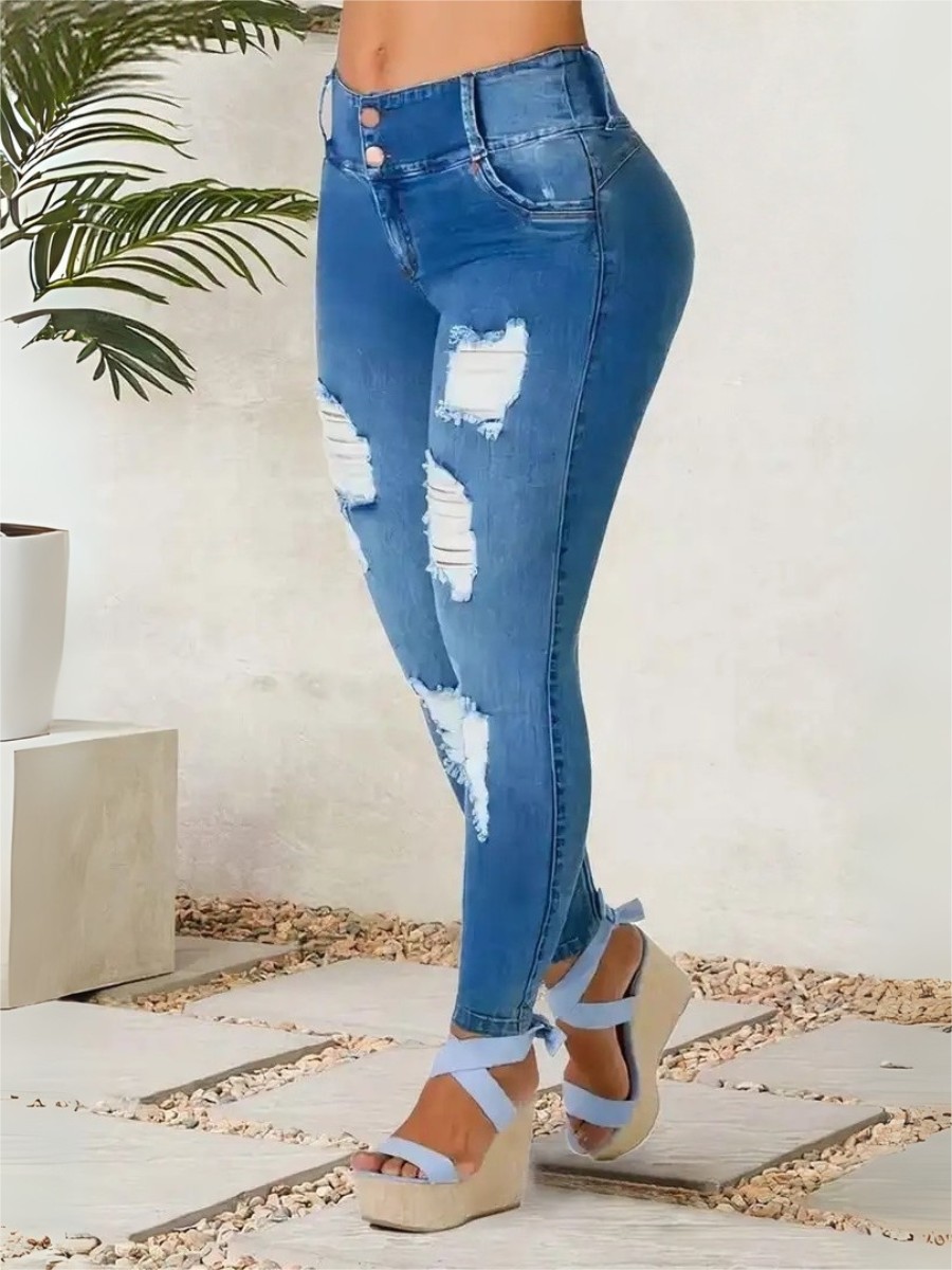 Women High Waist Ripped Skinny Jeans Stretch Denim Pants Distressed Slim Fit Casual Blue Jeans US Ready Stock