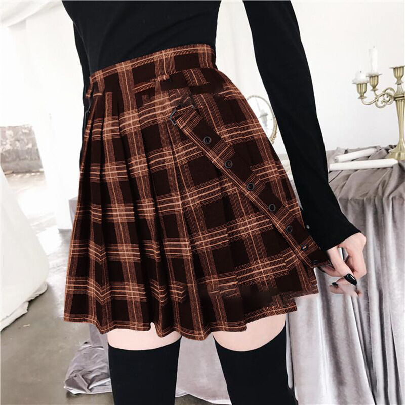 Plaid High Waist Chiffon Dress, Strap Print College Style