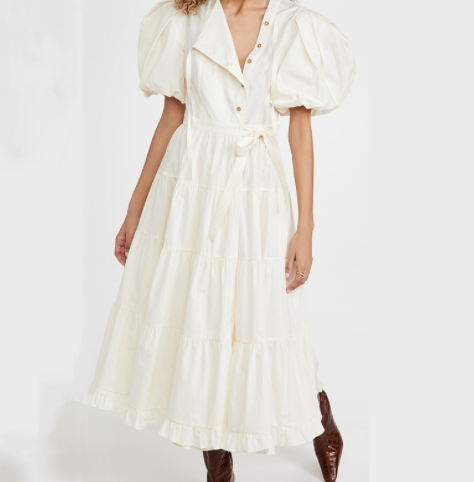 Puff Sleeve Single-Breasted Lace-Up Dress