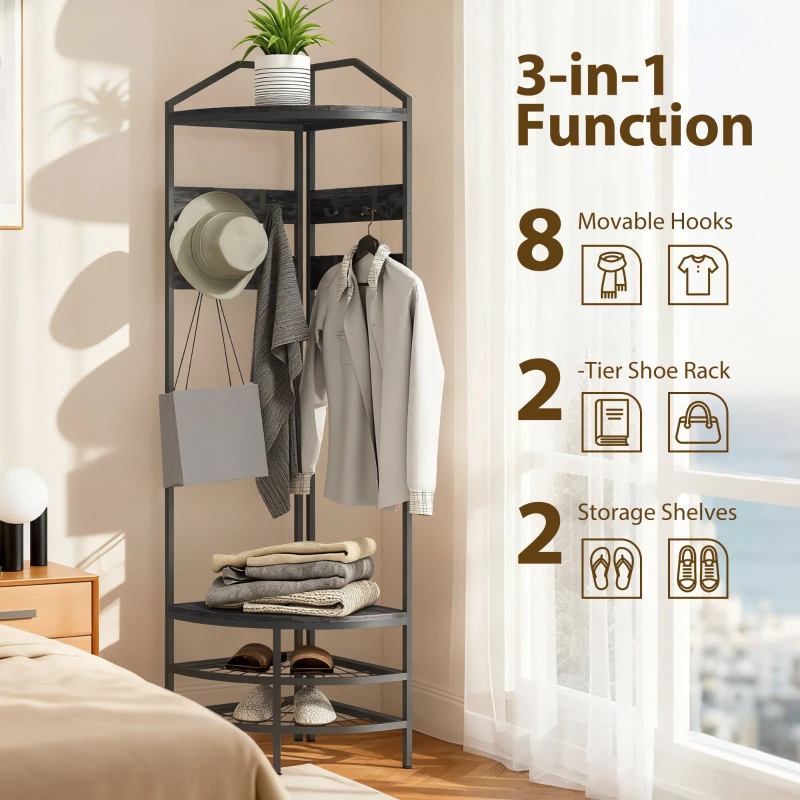 Corner Hall Tree, Industrial 4-Tier Coat Rack With Shoe Storage, 8 Movable Hooks And 2 Shelves For Hallway, Black