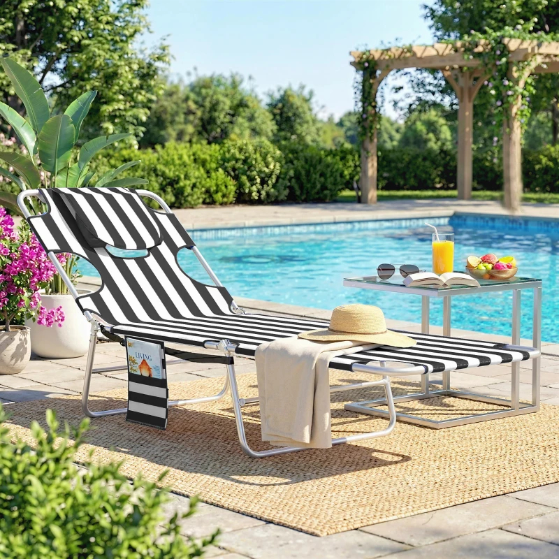 Tanning Chair With Face Hole, 5-Level Adjustable Outdoor Chaise Lounge Chair With Pillow For Beach, Pool, Black Stripe