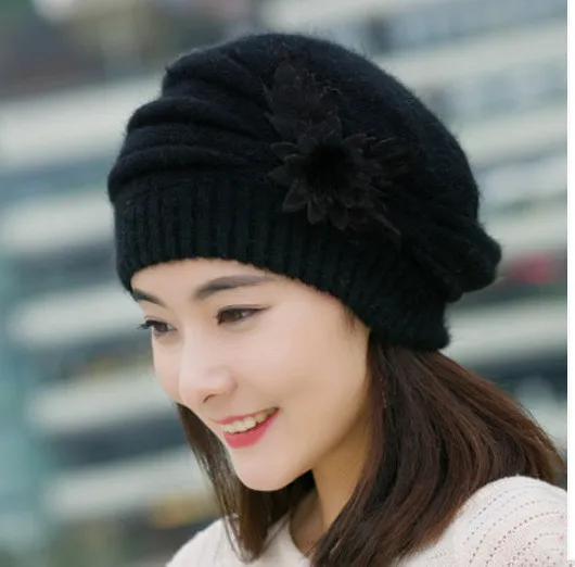 Women's Korean Style Flower Rabbit Fur Hat Thickened Warm Knitted - Black