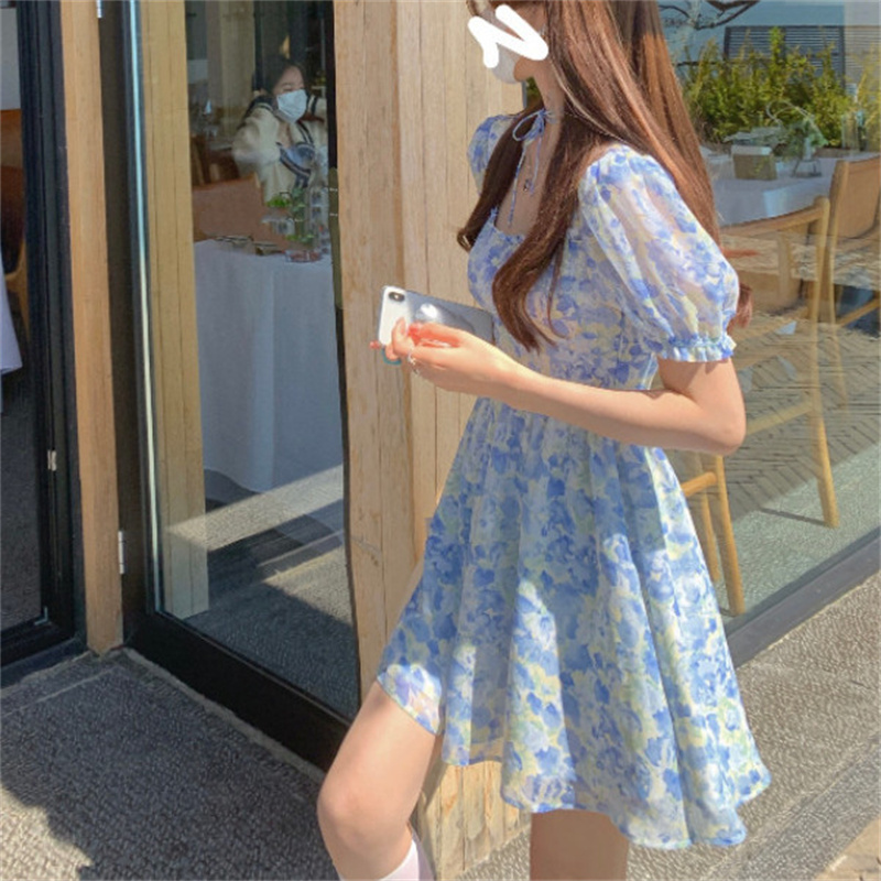 Women's Ice Blue Chiffon Floral Print Dress