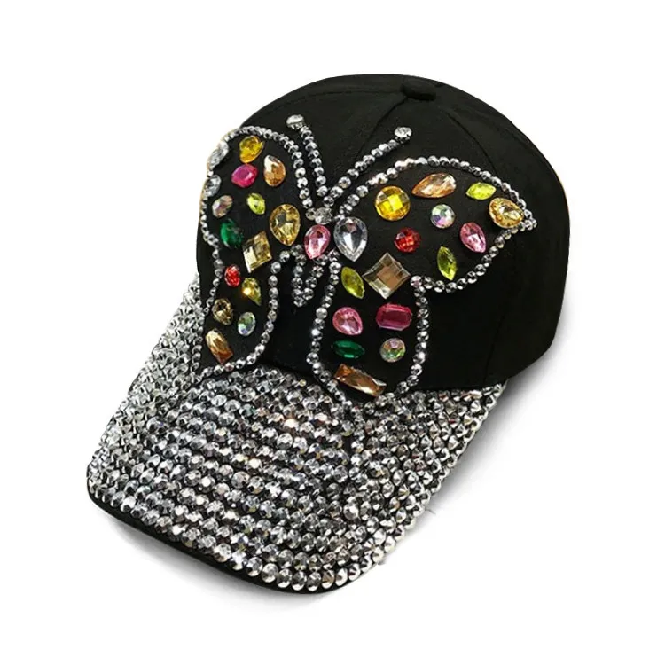 Autumn And Winter Handmade Butterfly Rhinestone Baseball Cap - Black
