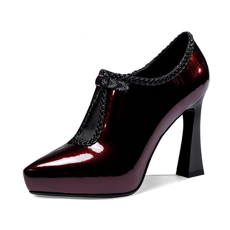 Block-heel Deep Patent Leather Low-top High Heels