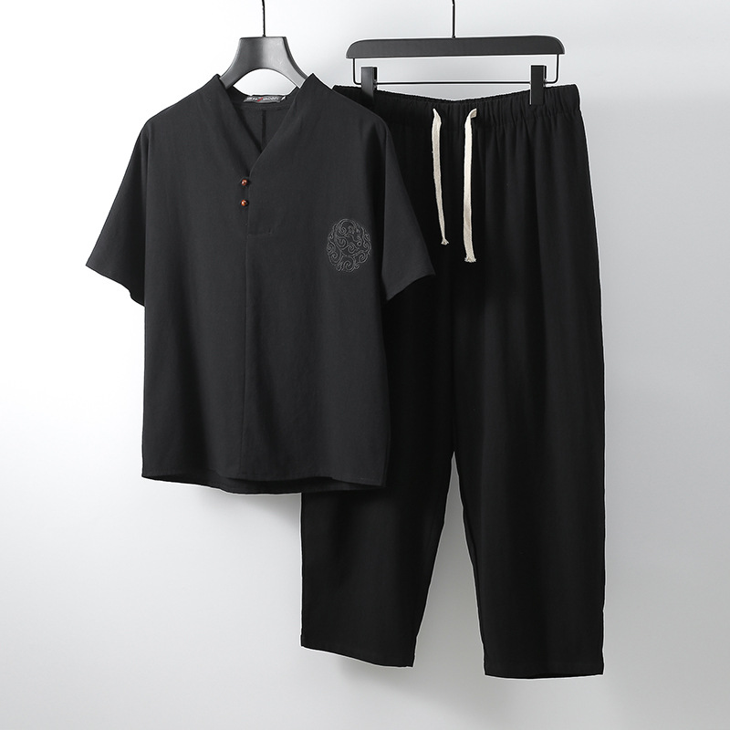 Linen Suit Men's V-neck Short-sleeved Men's Casual Cotton And Linen Two-piece Suit