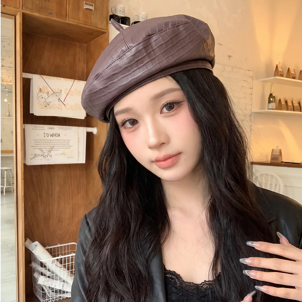 PU 3D Grid Embossed Beret, British Retro