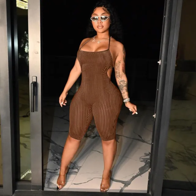 Women's Sleeveless Tie Halter Sports Fitness Jumpsuit Brown - Shop at LoveMi