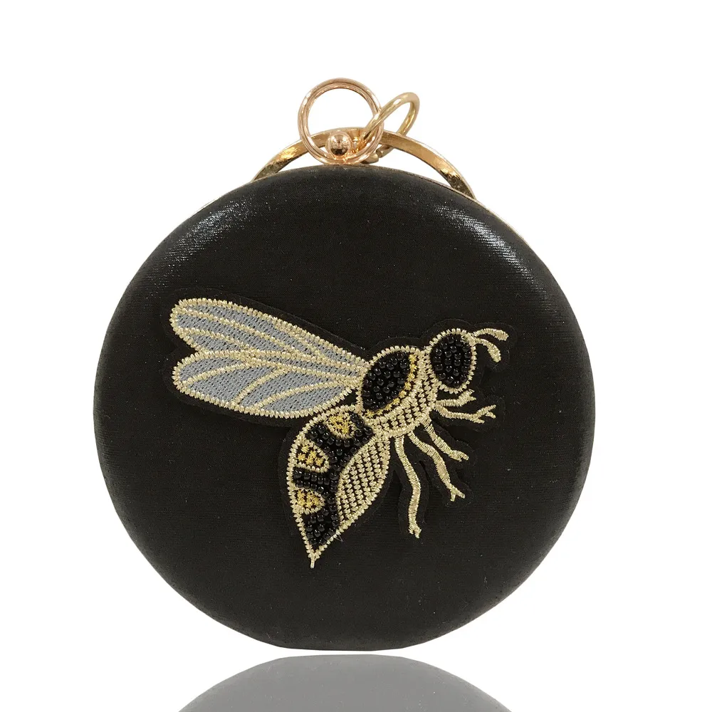 Flat Box Embroidered Beaded Bee Clutch Party Bag - Black