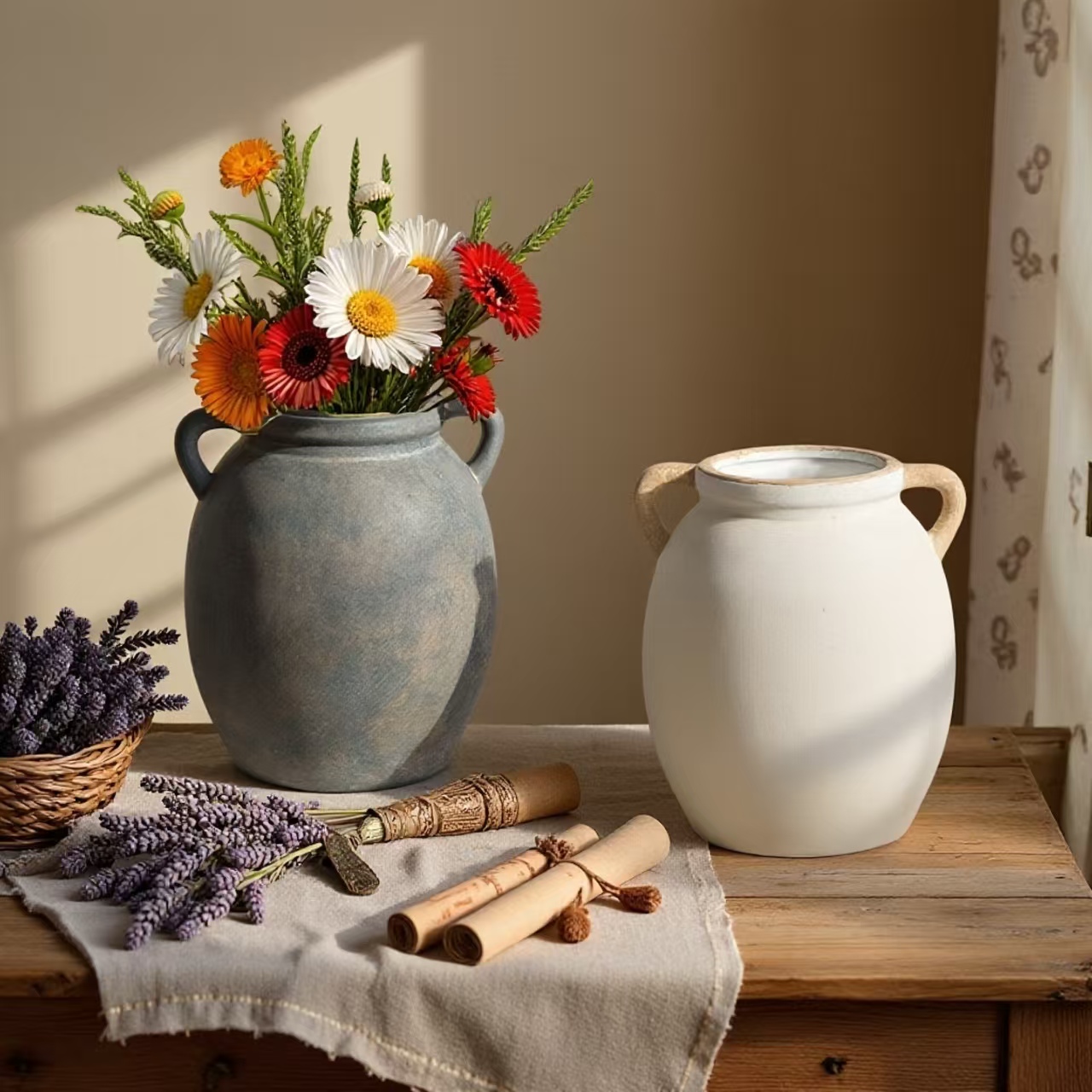 Vintage Ceramic Flower Pot Vase With Handle, Decorative Water Cultivation Jar, Home Decoration Ornament, 1pc Creative Design