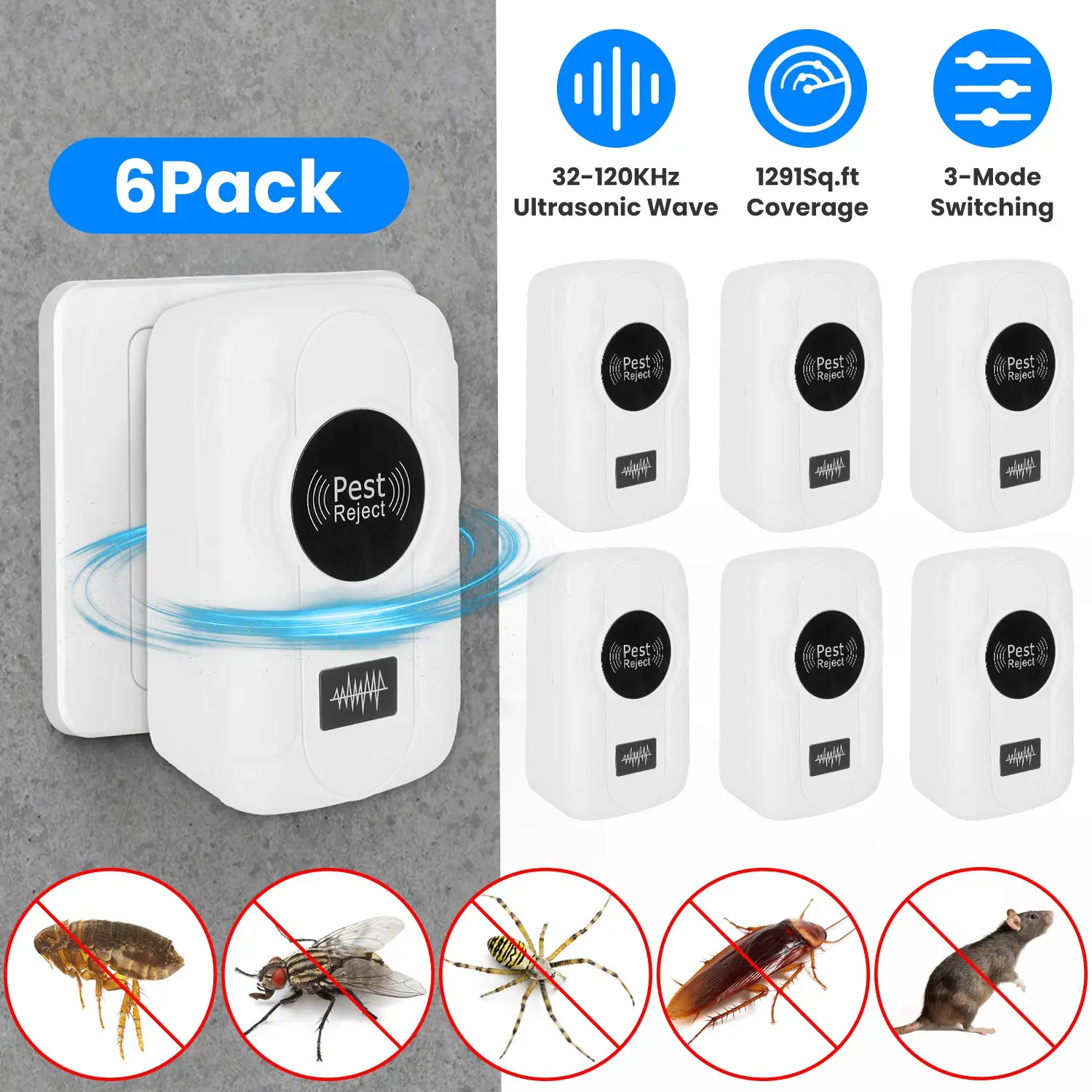6 Pack 32-120KHz Ultrasonic Insect Repellent Indoor
