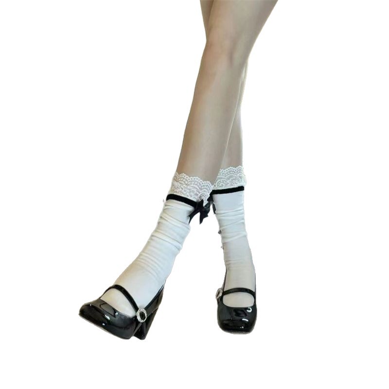 Coquette Lace Ruffle Top Crew Socks, White Socks With Black Bow Accent, Women's Sweet Lolita Socks For Mary Janes & Preppy Style